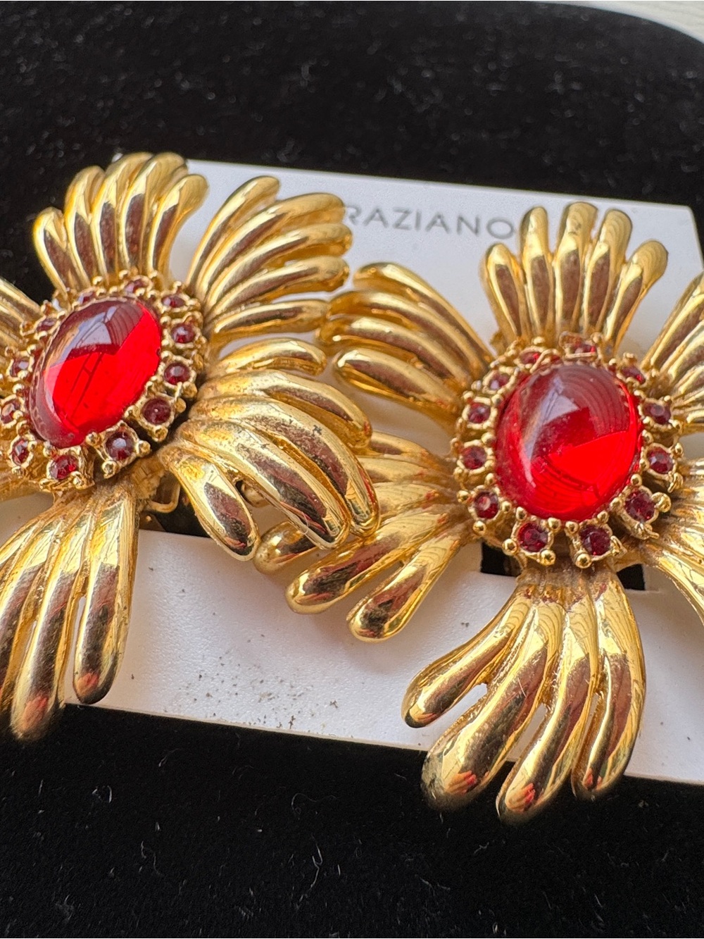 Vintage Graziano Gold-Tone Floral Clip Earrings with Red Cabochon